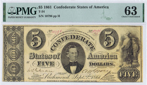 $5 Confederate Note – Desirable CU 63 with Intriguing Bundle Notation. image
